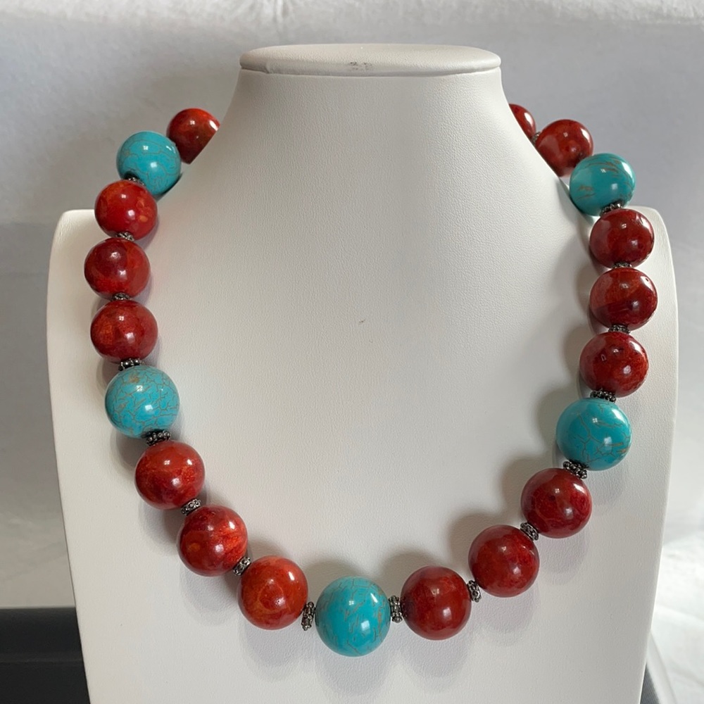 NWT Midwest Amber coral, sterling, and faux turquoise 20” necklace
